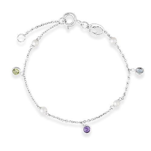 Pulseira infantil de ouro branco pérolas com pedras coloridas