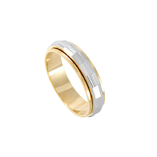 Aliança de ouro 18K giratório trabalhada bicolor 5mm