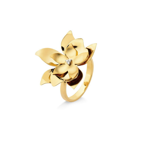 Anel de ouro amarelo 18k flor com Diamantes