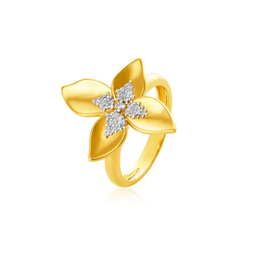 Anel de ouro amarelo 18k de flor com 0,15 ct de Diamantes