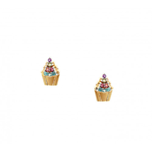 Brinco de ouro infantil cupcake com pedras coloridas