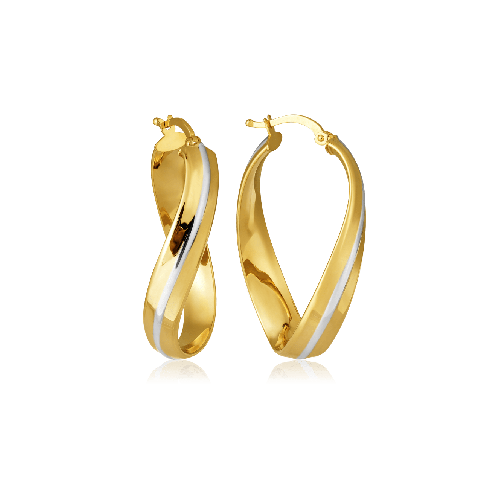 Brinco de ouro 18k argola oval torcida com detalhe em ródio branco