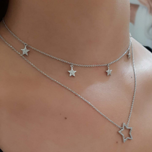 Gargantilha choker de ouro 18k estrelas brilhantes