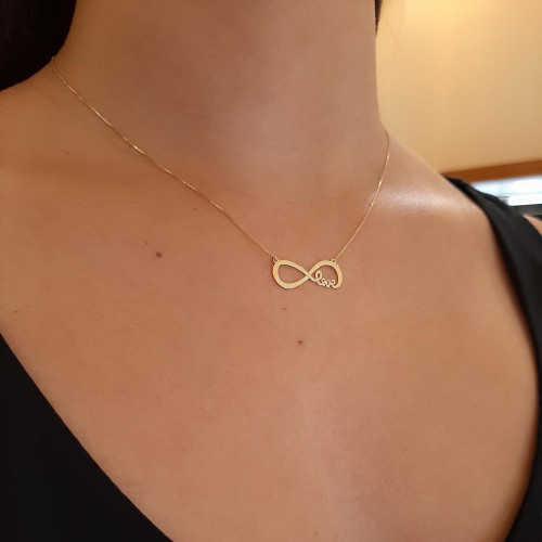 Gargantilha de ouro 18k simbolo infinito com escrita love