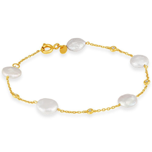 Pulseira de ouro amarelo 18k com Pérolas achatadas e Diamantes