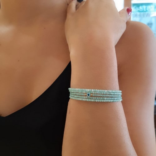 Pulseira gemas naturais jade azul olho grego