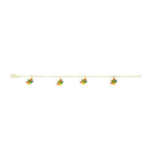 Pulseira infantil de ouro amarelo 18k com borboletas esmaltadas